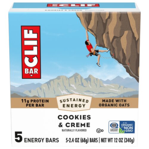 CLIF BAR - Cookies & Creme Flavor - Made with Organic Oats - Energy Bars - Non-GMO - Plant Based Protein Bars (5 Pack)