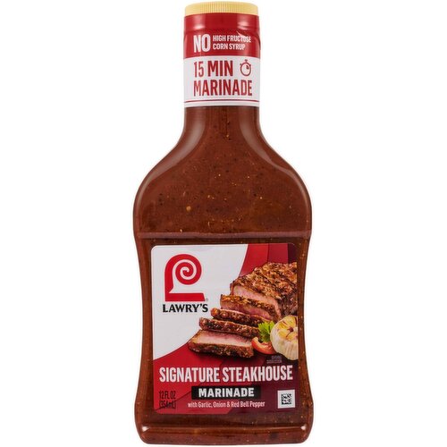 Lawry's® Bring the robust flavors of your favorite steakhouse straight to your table with Lawry's Signature Steakhouse Marinade. This blend of garlic, onion, red bell pepper, chili pepper and cumin perfectly complements steak, pork chops or pork tenderloin, ribs and burgers.