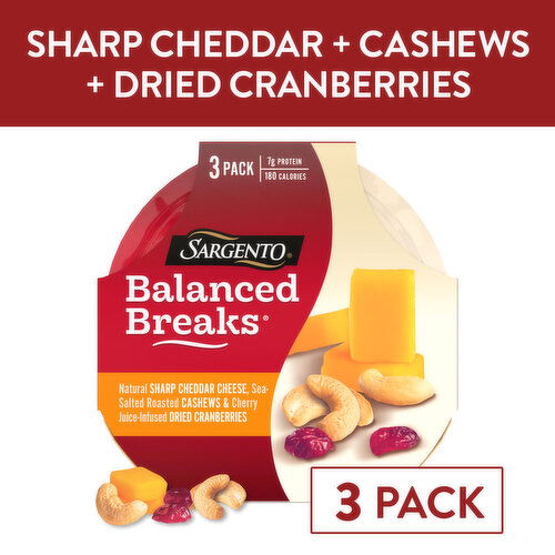 SARGENTO Balanced Breaks® Natural Sharp Cheddar Cheese, Sea-Salted Roasted Cashews and Cherry Juice-Infused Dried Cranberries, 3-Pack