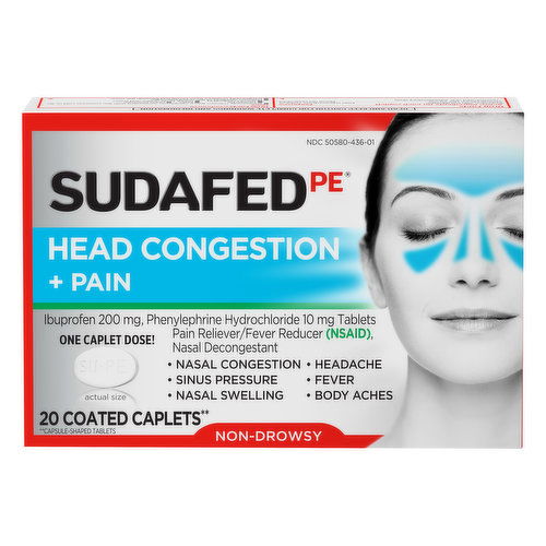 Sudafed PE Head Congestion + Pain, Non-Drowsy, Coated Caplets