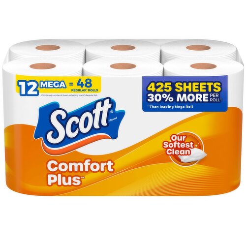 Scott Comfort Plus Bathroom Tissue, Unscented, Mega Rolls, One-Ply