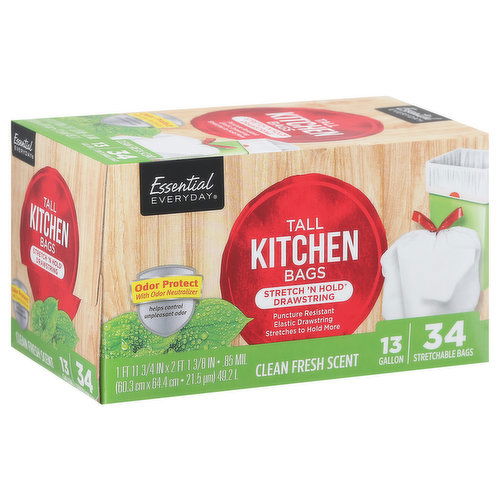 Essential Everyday Tall Kitchen Bags, Stretch 'N Hold Drawstring, Clean Fresh Scent, 13 Gallon