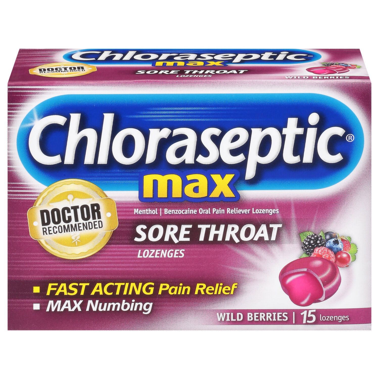 Chloraseptic Max Sore Throat, Fast Acting, Lozenges, Wild Berries, 15 Each Chloraseptic Max Sore Throat, Fast Acting, Lozenges, Wild Berries, 15 Each
